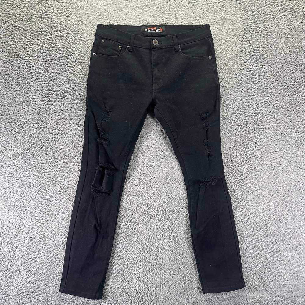 Copper Rivet Jeans Mens 34x30 Black Cotton Denim Skinny Leg Distressed Stretch